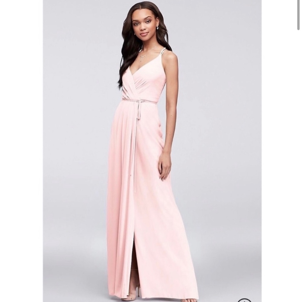 Double-strap georgette bridesmaid wrap dress